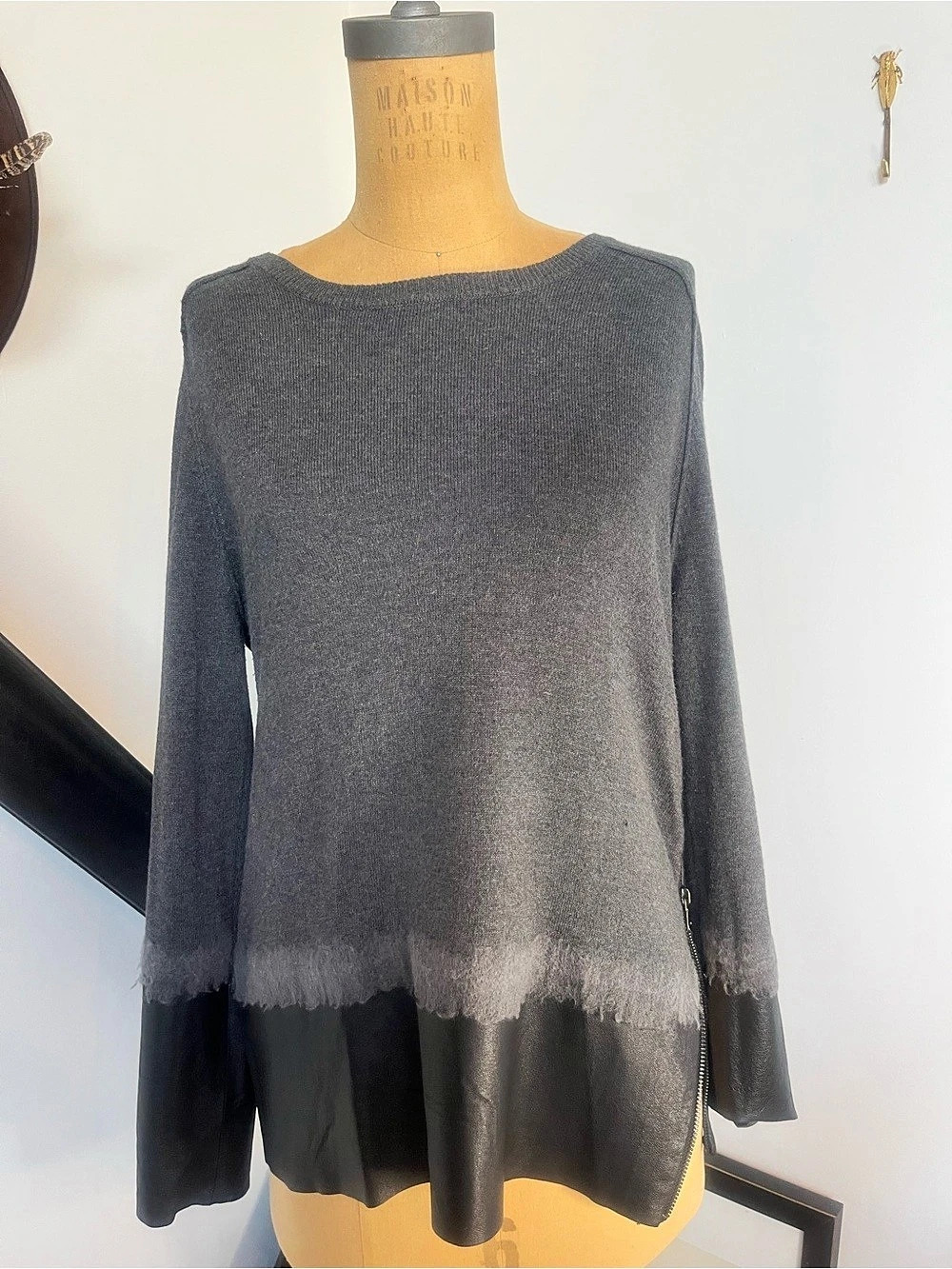 Line- Long Sleeve Top in Gray wool & Black leather bottom